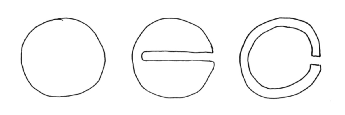 A sequence of three shapes. The first is a circle. The second is a circle with a small section of the right side extruded inside the circle, almost to the other edge. The third looks like the letter C.