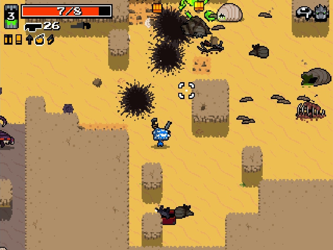 A top down view of a blue alien with many eyes holding a grenade launcher in the middle of a desert surrounded by explosions, monsters, and loot.