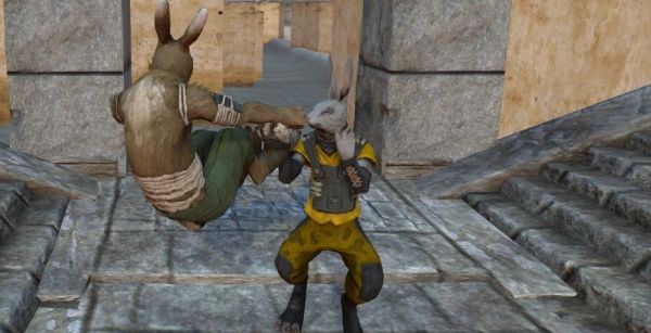 Two anthropomorphic rabbits in a stone constructed environment, one in a jump kick about to hit the other.