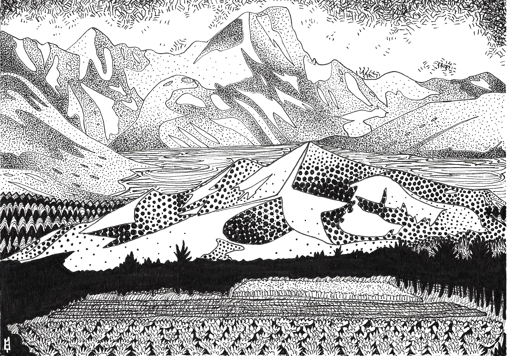 A black and white drawing of mountain ranges, one in the midground with large black patterning in the shadows, one in the background with small stipples. Water between the two ranges full of spiraling lines. Cross hatches in the sky around the blank shapes of clouds. A solid black tree line in front of the midground mountains, with a field of sketched crops in the foreground.