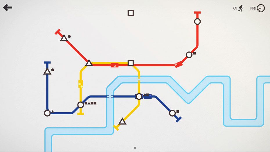 An abstracted top down view of a city, with only a river and three short metro lines. Each metro line is a different color and has several stops in the shape of either a circle, square, or triangle